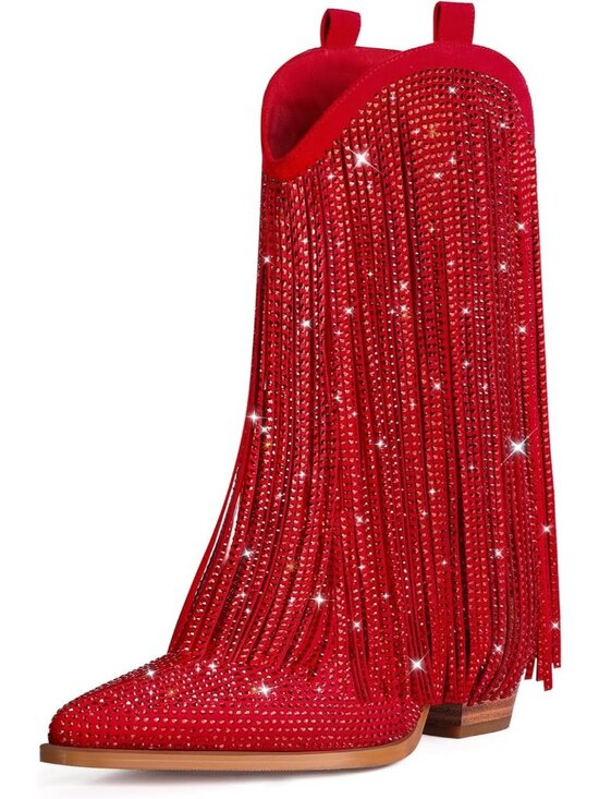 Shoes - Women's Cowgirl Rhinestone Boots Red with Sparkly Fringe Pointed Toe Western